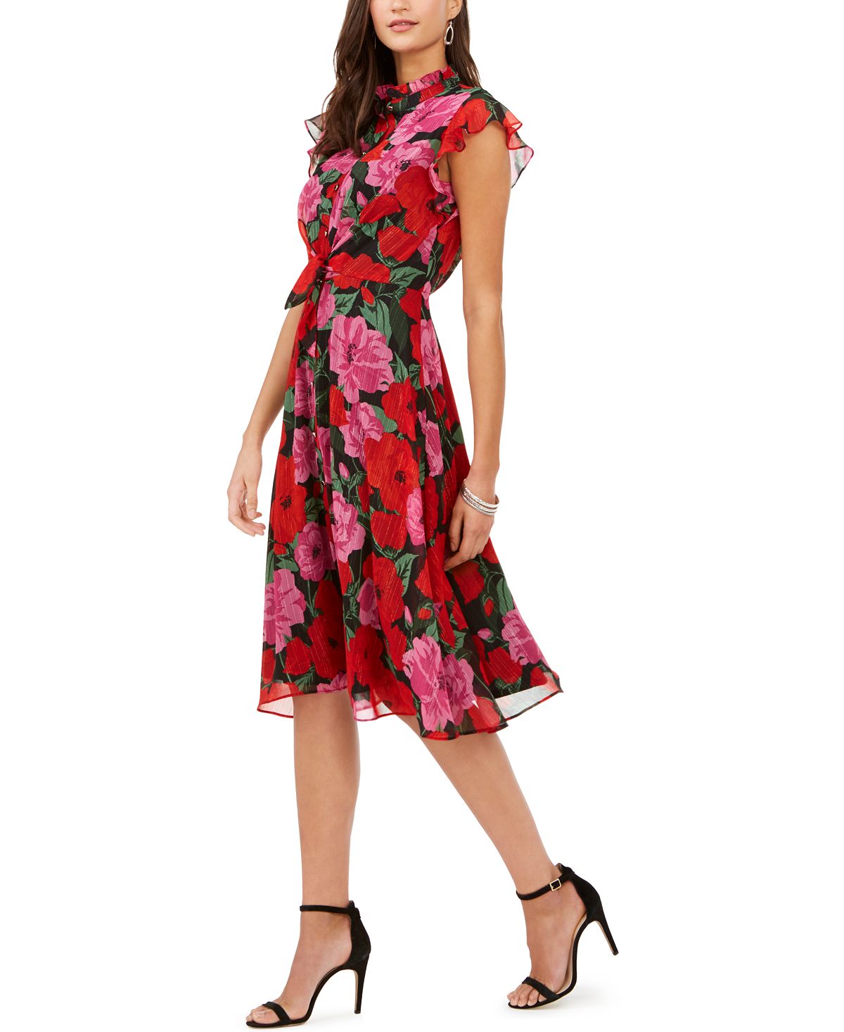 Vestido Julia Jordan Feminino com Babados, Botões Frontais e Cintura Amarrada, Vermelho, Tamanho 2
