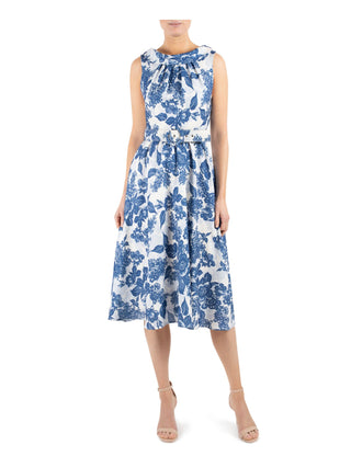 Vestido Donna Ricco Floral Azul, Fit &amp; Flare, Cinto, Tamanho 14