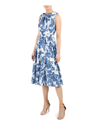 Vestido Donna Ricco Floral Azul, Fit &amp; Flare, Cinto, Tamanho 14