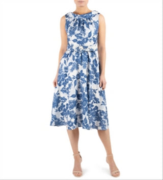 Vestido Donna Ricco Floral Azul, Fit &amp; Flare, Cinto, Tamanho 14
