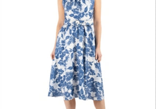 Vestido Donna Ricco Floral Azul, Fit &amp; Flare, Cinto, Tamanho 14