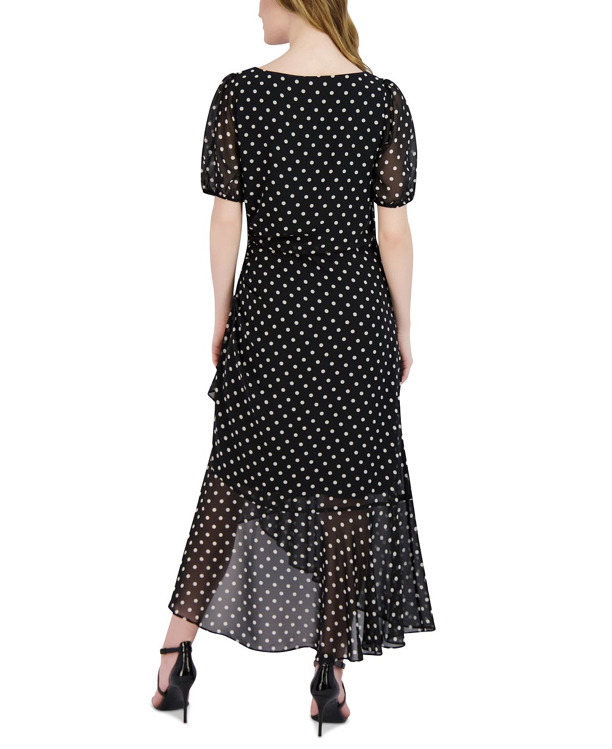 Vestido longo feminino Julia Jordan com babados e bolinhas, preto, tamanho 16