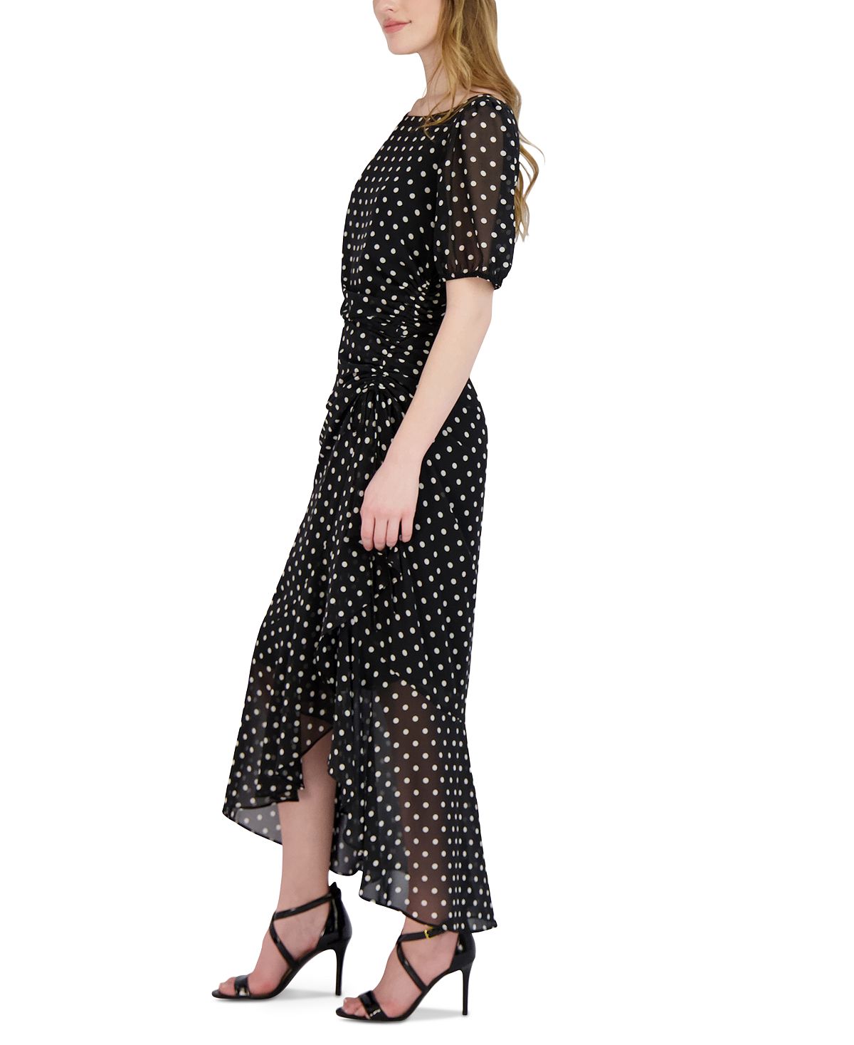 Vestido longo feminino Julia Jordan com babados e bolinhas, preto, tamanho 16