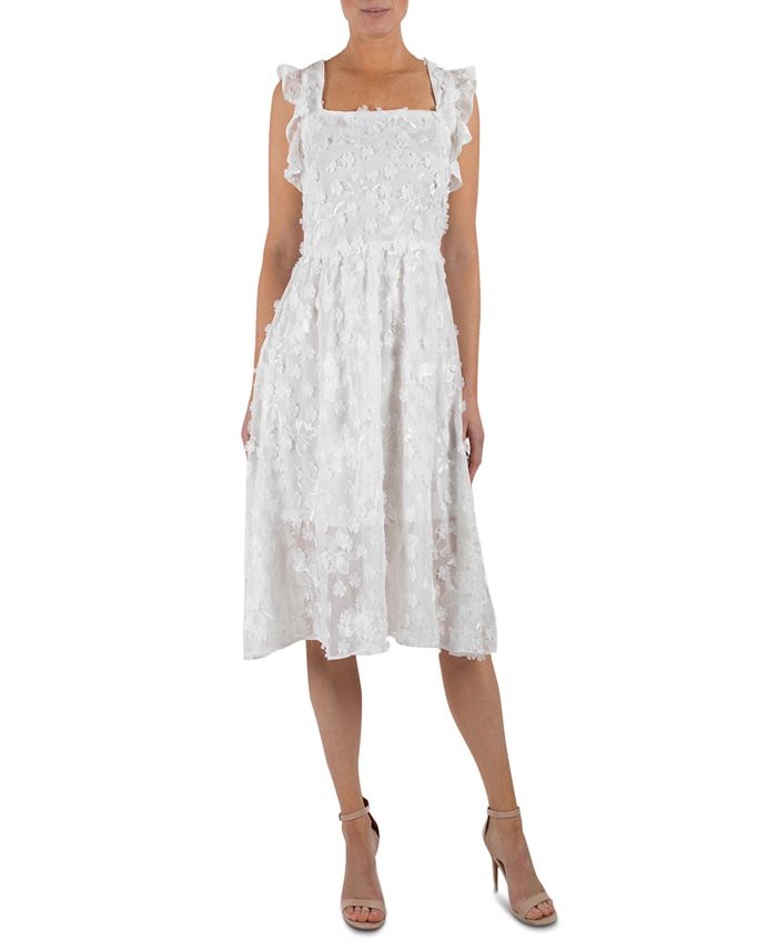 Vestido Julia Jordan Feminino com Zíper, Babados, Bordado, Manga Flutter, Gola Quadrada, Branco, Tamanho 12