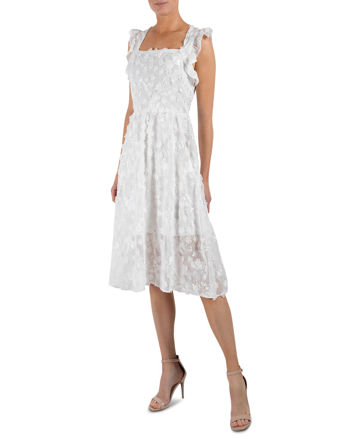 Vestido Julia Jordan Feminino com Zíper, Babados, Bordado, Manga Flutter, Gola Quadrada, Branco, Tamanho 12