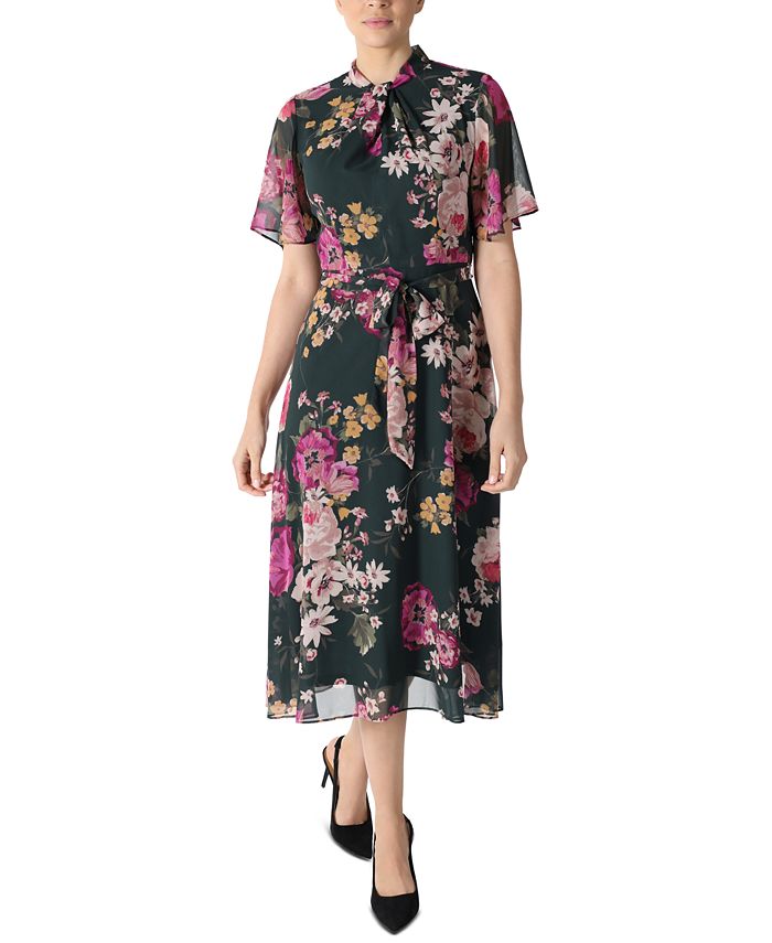 Vestido midi de chiffon com mangas esvoaçantes e florais Donna Ricco feminino, azul, tamanho 6