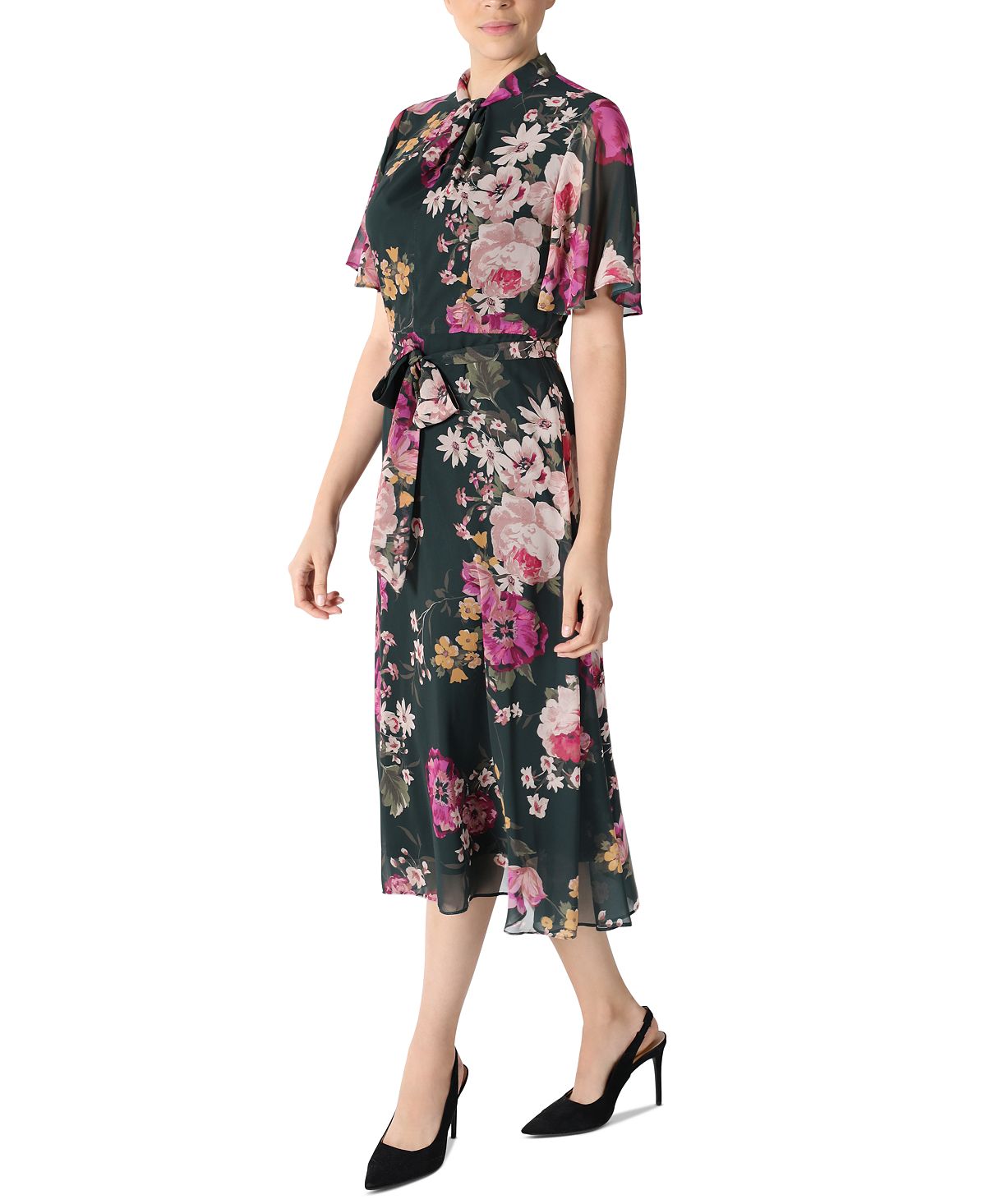 Vestido midi de chiffon com mangas esvoaçantes e florais Donna Ricco feminino, azul, tamanho 6