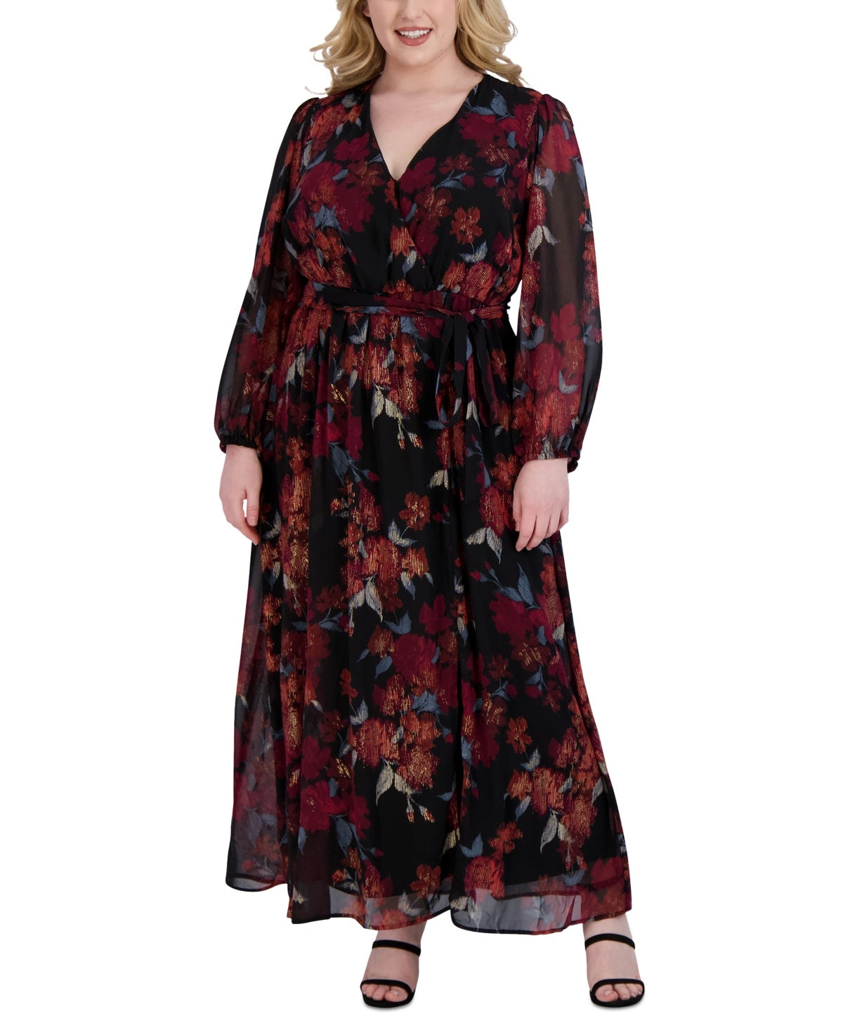 Vestido longo feminino Robbie Bee em chiffon floral, preto, tamanho 14W