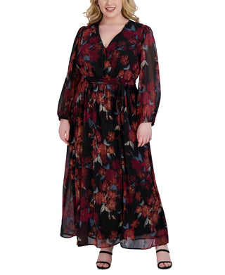 Vestido longo feminino Robbie Bee em chiffon floral, preto, tamanho 14W