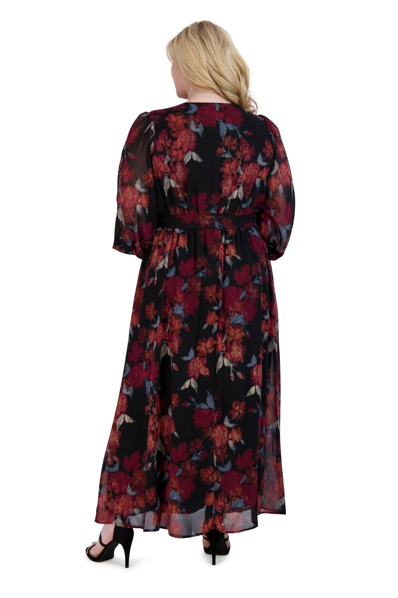 Vestido longo feminino Robbie Bee em chiffon floral, preto, tamanho 14W