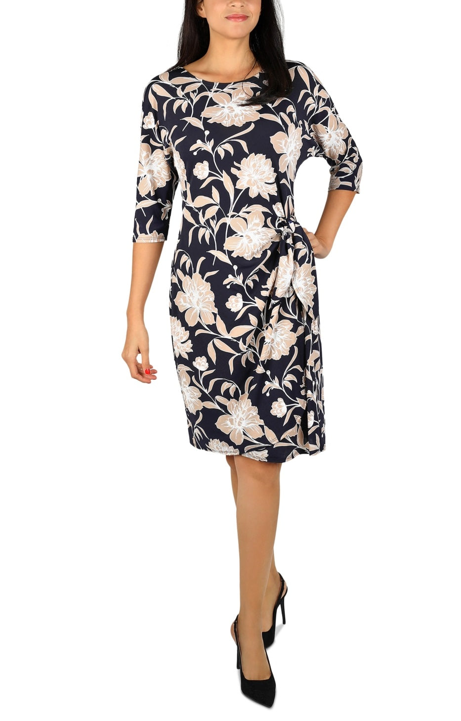 Vestido feminino Robbie Bee com estampa floral e nó lateral, azul, tamanho pequeno grande