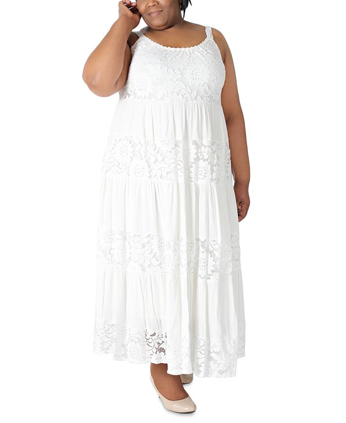 Vestido longo de renda em camadas sem mangas Robbie Bee feminino, branco, tamanho 1X