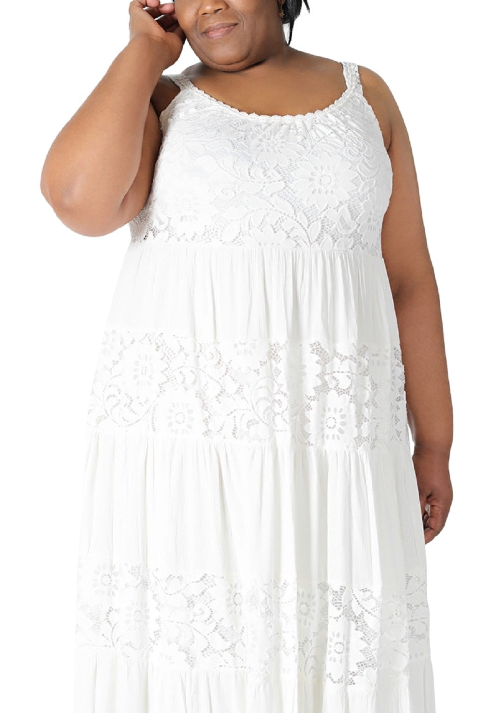Vestido longo de renda em camadas sem mangas Robbie Bee feminino, branco, tamanho 1X