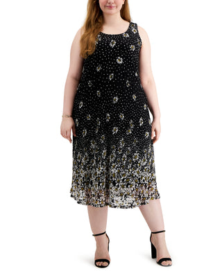 Vestido midi bordado feminino Robbie Bee, preto, tamanho 1X