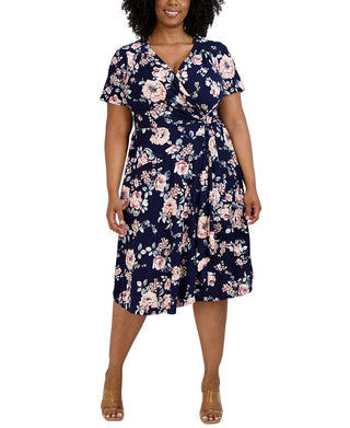 Vestido envelope falso com estampa floral Robbie Bee feminino, azul, tamanho 2X