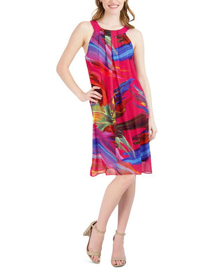 Vestido feminino Robbie Bee estampado em chiffon com decote plissado, rosa, tamanho médio