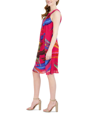 Vestido feminino Robbie Bee estampado em chiffon com decote plissado, rosa, tamanho médio