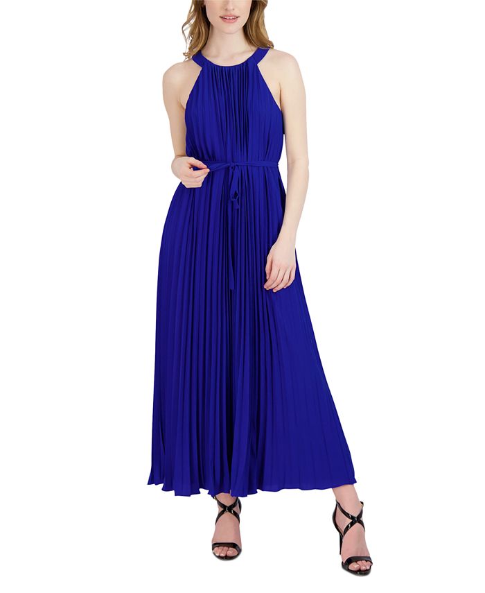 Vestido longo feminino Donna Ricco, plissado, com cinto, azul, tamanho 14