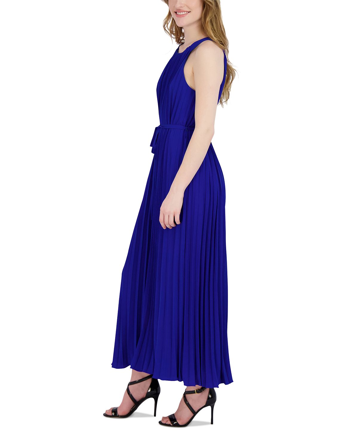 Vestido longo feminino Donna Ricco, plissado, com cinto, azul, tamanho 14