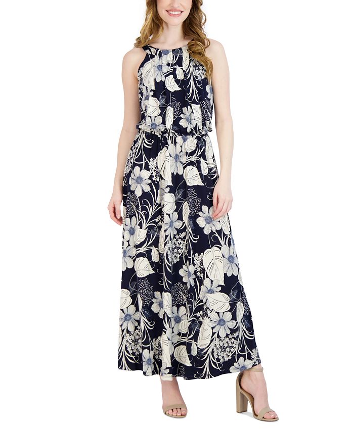 Vestido longo feminino Robbie Bee com decote plissado, azul, tamanho pequeno grande