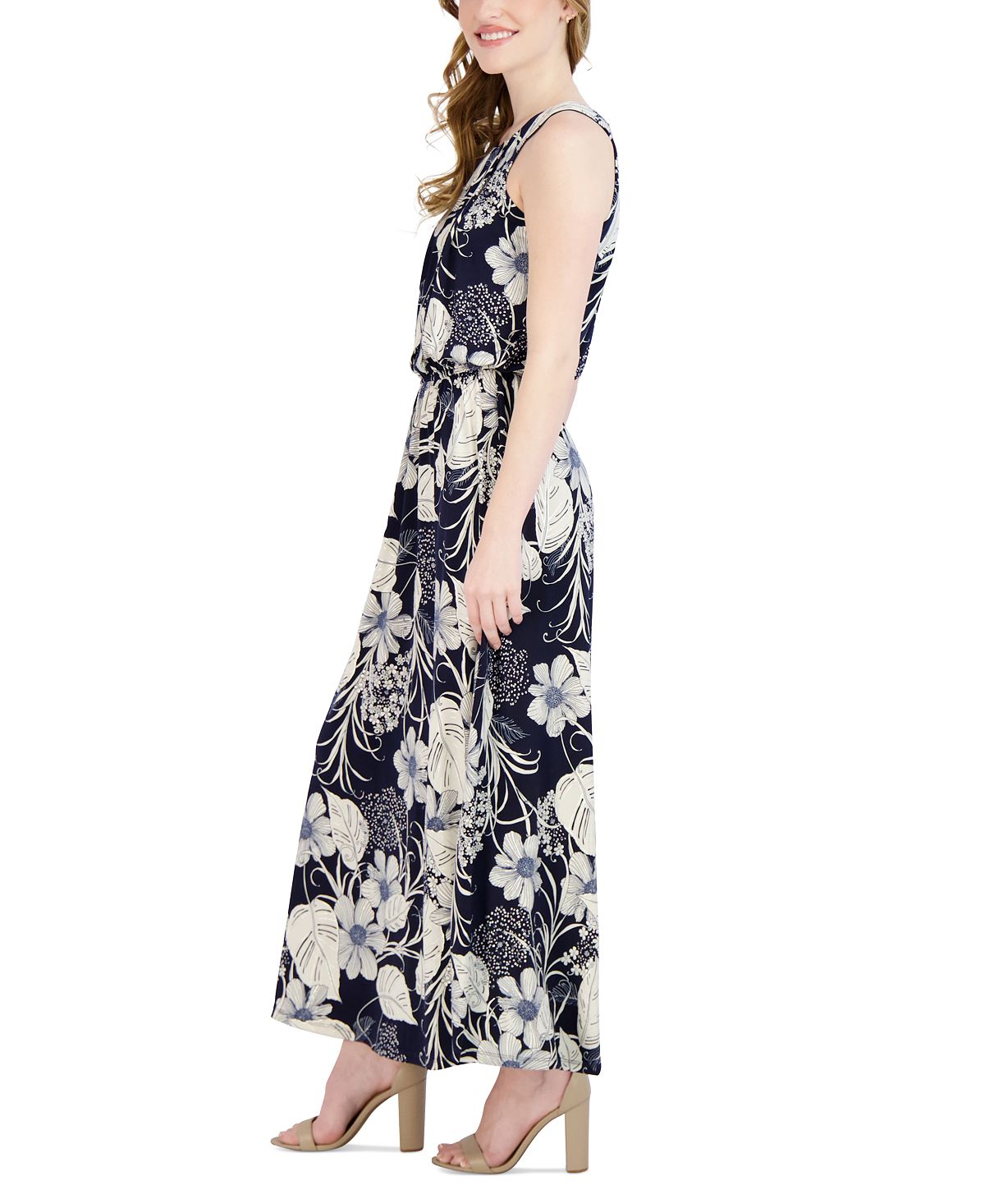 Vestido longo feminino Robbie Bee com decote plissado, azul, tamanho pequeno grande