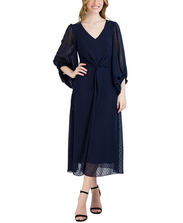 Vestido midi feminino Donna Ricco com bolinhas, azul, tamanho 16