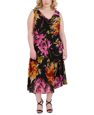 Vestido feminino Robbie Bee com estampa floral e bainha em formato de lenço, marrom, tamanho 14W