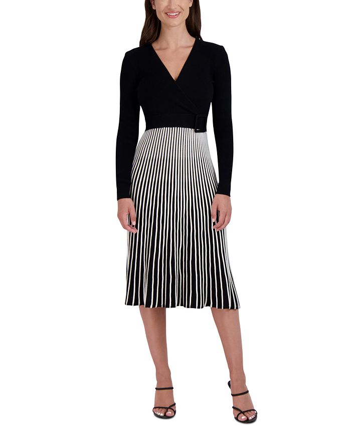 Vestido suéter com cinto bicolor Robbie Bee feminino, preto, tamanho pequeno