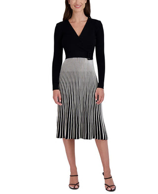 Vestido suéter com cinto bicolor Robbie Bee feminino, preto, tamanho pequeno