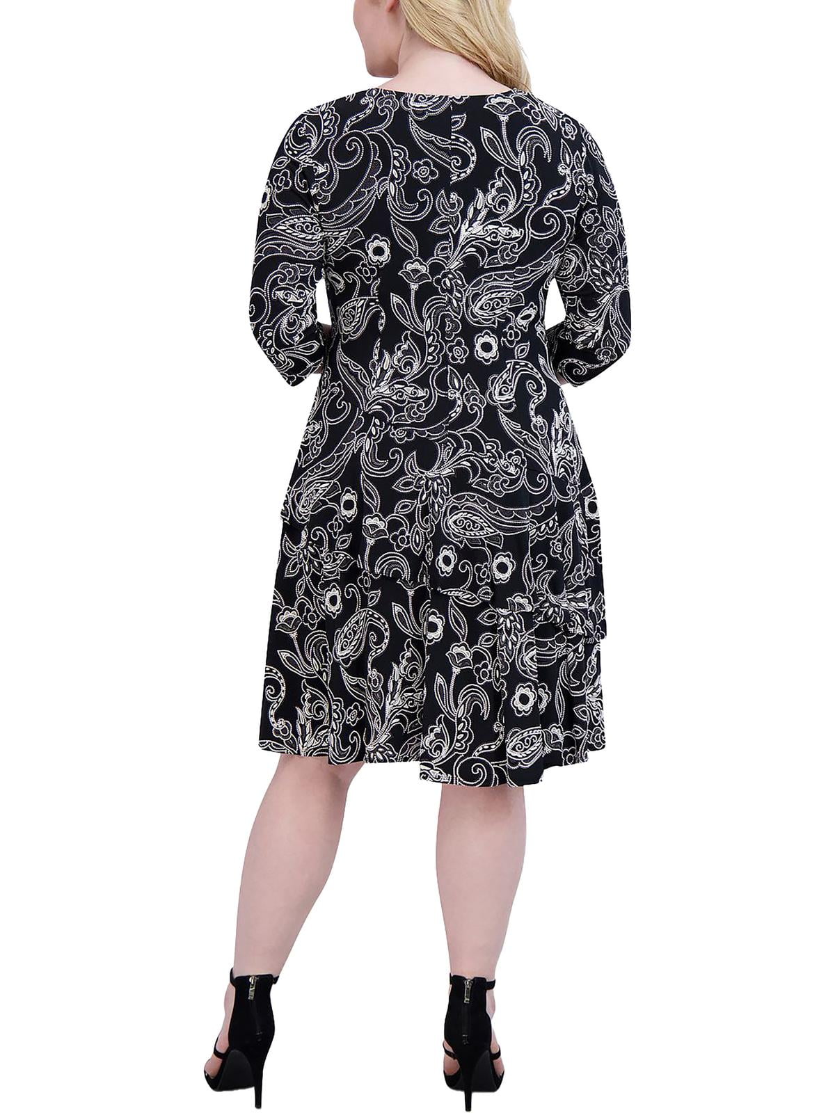 Vestido feminino Robbie Bee com decote em V e manga 3/4, evasê, preto, tamanho 2X