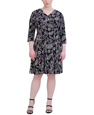 Vestido feminino Robbie Bee com decote em V e manga 3/4, evasê, preto, tamanho 2X