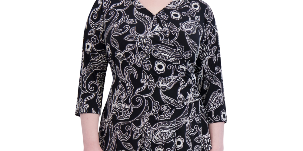 Vestido feminino Robbie Bee com decote em V e manga 3/4, evasê, preto, tamanho 2X