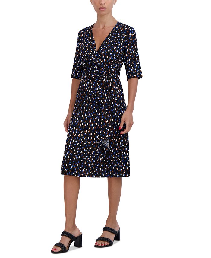 Vestido midi de malha com decote em V e manga curta Robbie Bee feminino, preto, tamanho pequeno