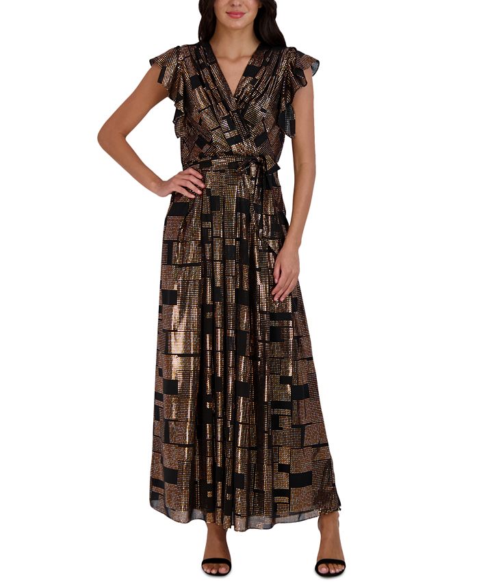 Vestido longo feminino Donna Ricco com mangas esvoaçantes metálicas, preto, tamanho 10