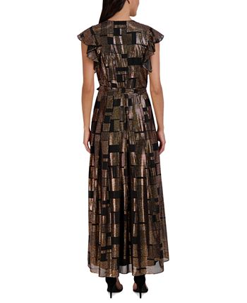Vestido longo feminino Donna Ricco com mangas esvoaçantes metálicas, preto, tamanho 10