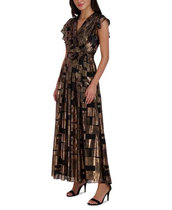 Vestido longo feminino Donna Ricco com mangas esvoaçantes metálicas, preto, tamanho 10