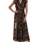 Vestido longo feminino Donna Ricco com mangas esvoaçantes metálicas, preto, tamanho 14