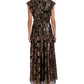 Vestido longo feminino Donna Ricco com mangas esvoaçantes metálicas, preto, tamanho 14