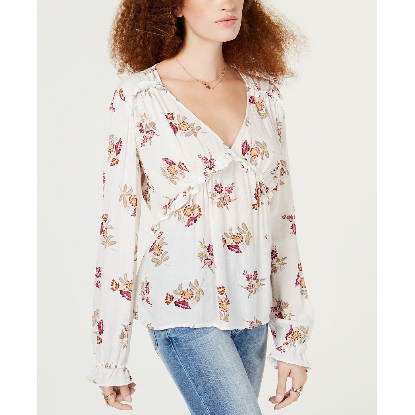 Blusa com babados e estampa floral American Rag Junior, branca, tamanho X-S