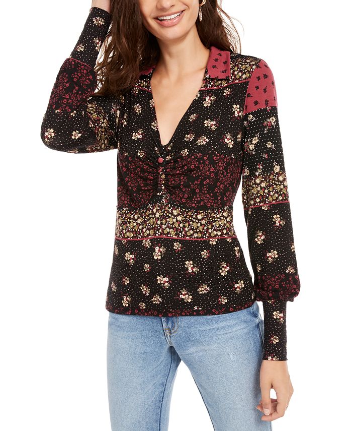 Blusa American Rag Junior com estampa franzida e manga curta, preta, tamanho grande