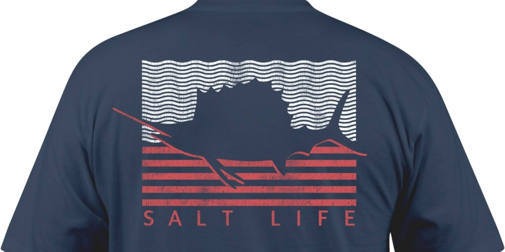 Camiseta masculina de manga curta com bolso e bandeira de vela Salt Life, azul, tamanho grande