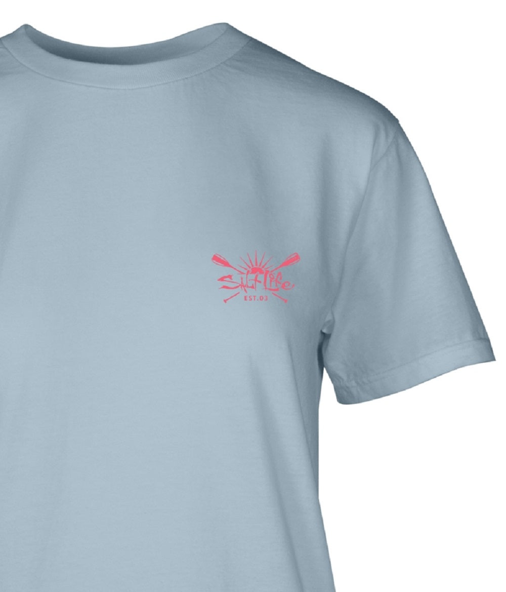 Camiseta feminina de algodão Salt Life Sunrise Paddle, azul, tamanho grande