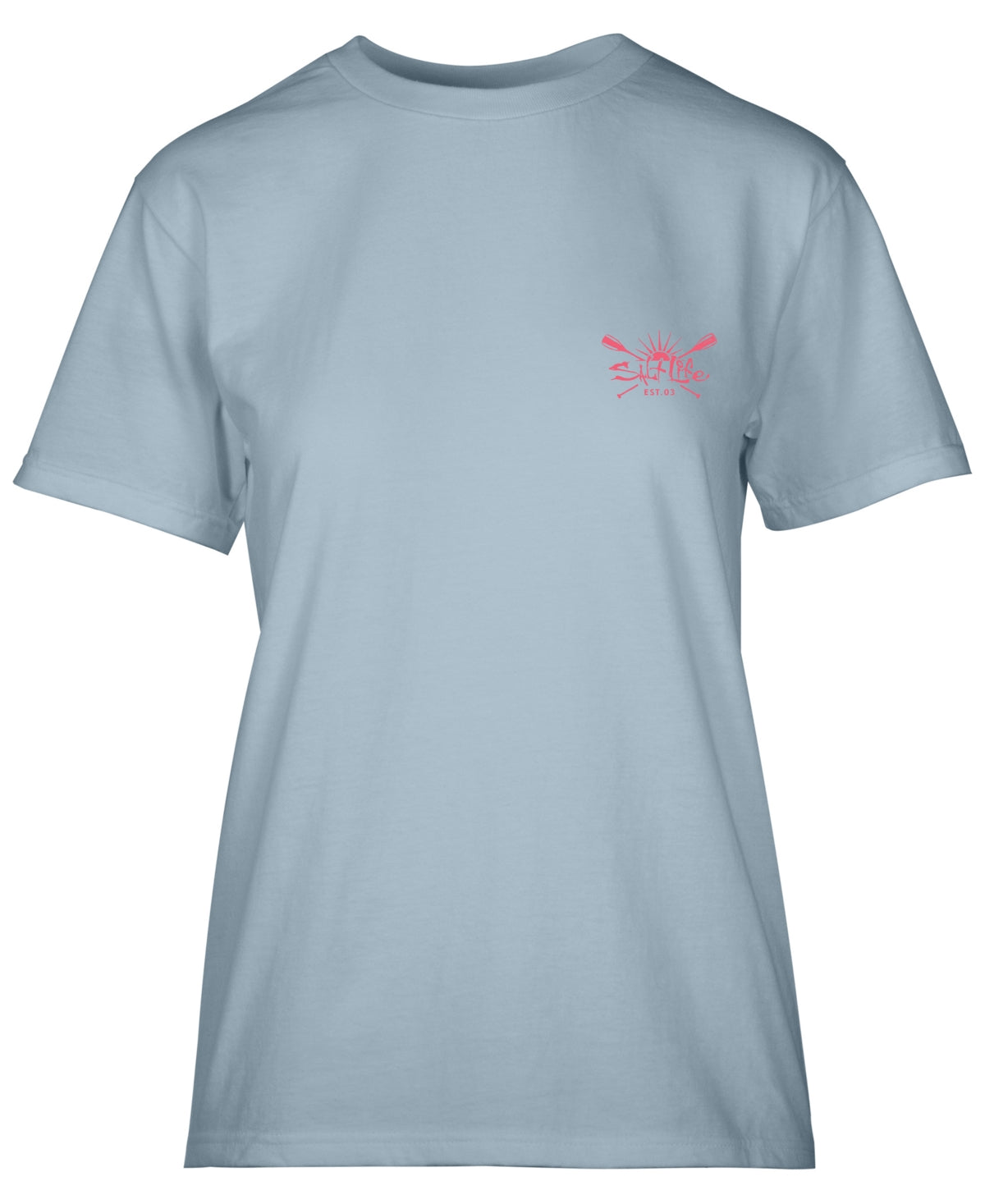 Camiseta feminina de algodão Salt Life Sunrise Paddle, azul, tamanho grande
