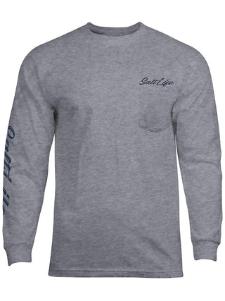 Camiseta masculina Salt Life Golden Hour com estampa de logotipo, manga comprida e bolso, cinza
