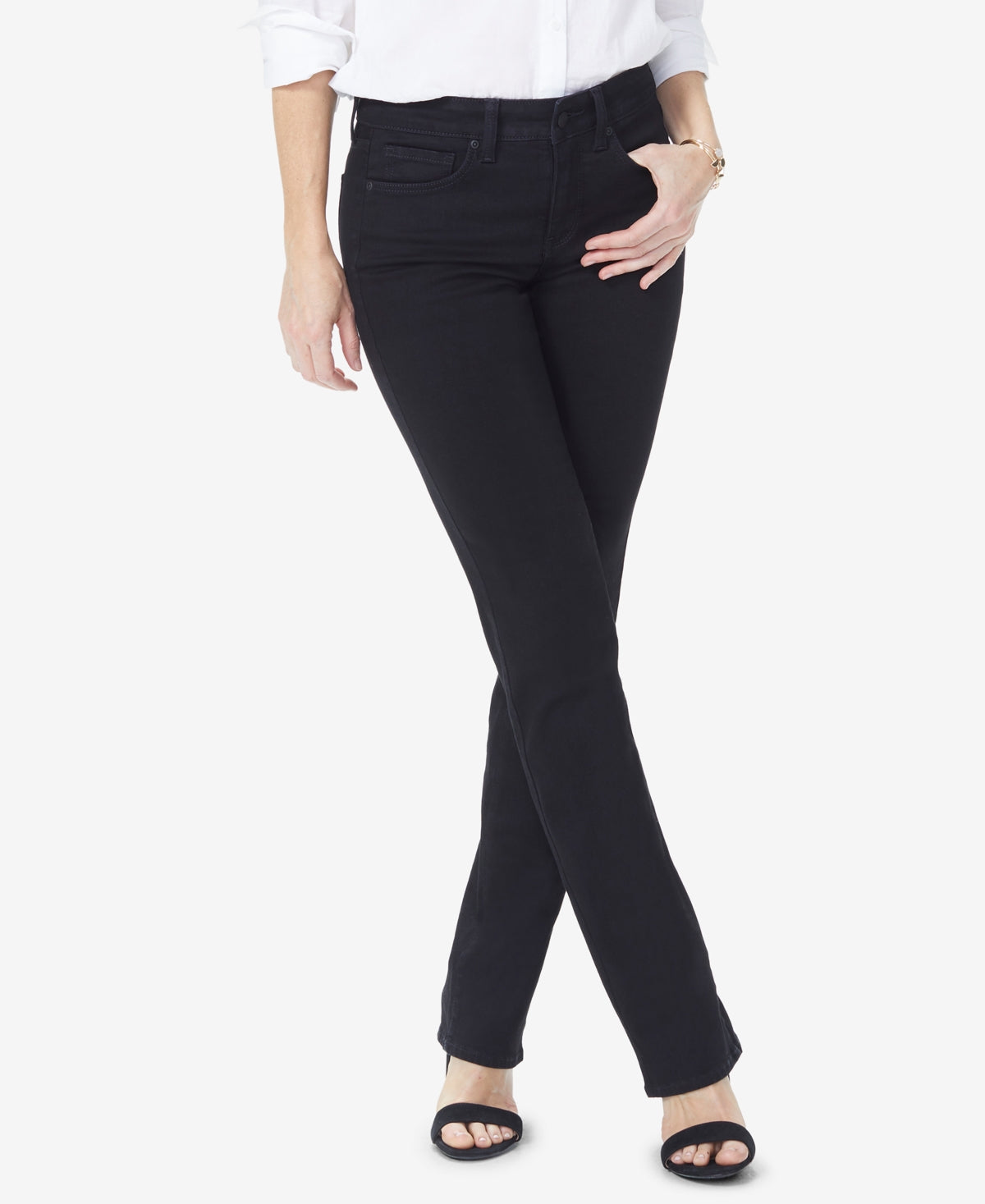 Calça jeans feminina NYDJ Marilyn Tummy-Control com perna reta, preta, tamanho 12, pequena