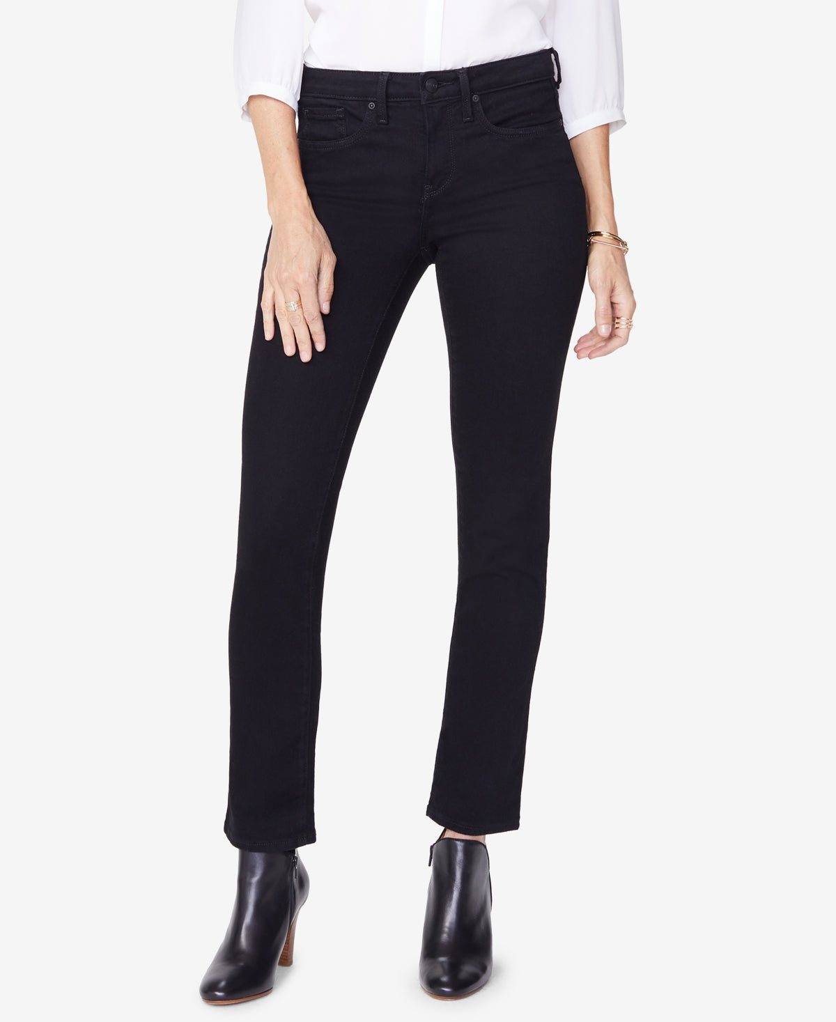 Calça jeans feminina NYDJ Sheri Tummy-Control Slim-Leg preta tamanho 14 Petite