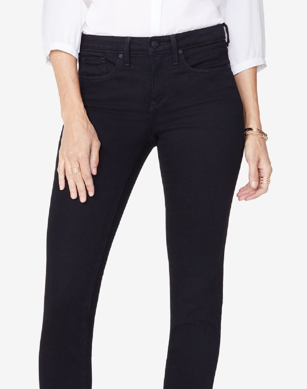 Calça jeans feminina NYDJ Sheri Tummy-Control Slim-Leg preta tamanho 14 Petite