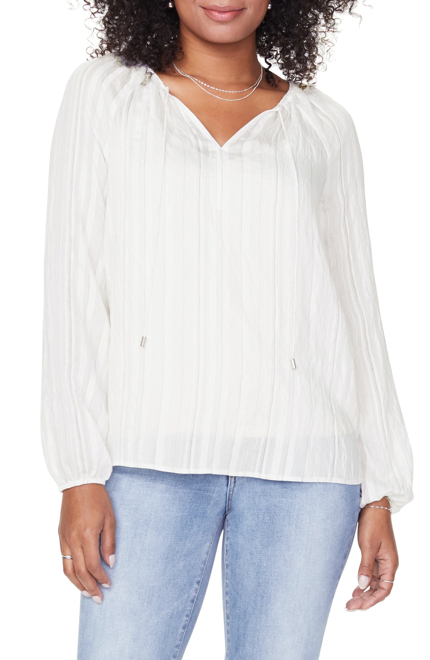 Blusa feminina NYDJ Hayward Stripe Regular Peasant - Branca, tamanho médio