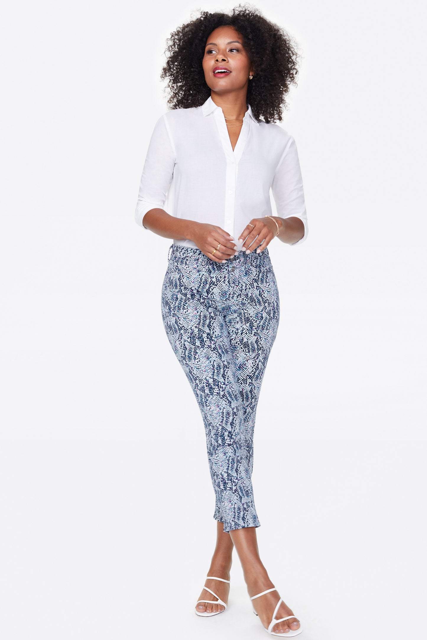 Calça jeans feminina NYDJ Sheri Animal Print, cintura média, slim, azul, tamanho 4