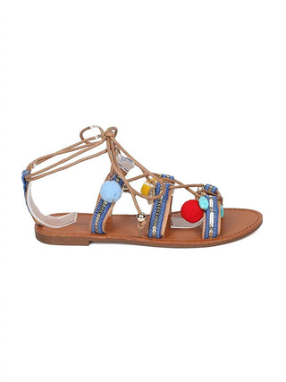 Breckelles - Sandálias Gladiadoras Kylee Pom Pom Femininas com Biqueira Aberta e Amarração